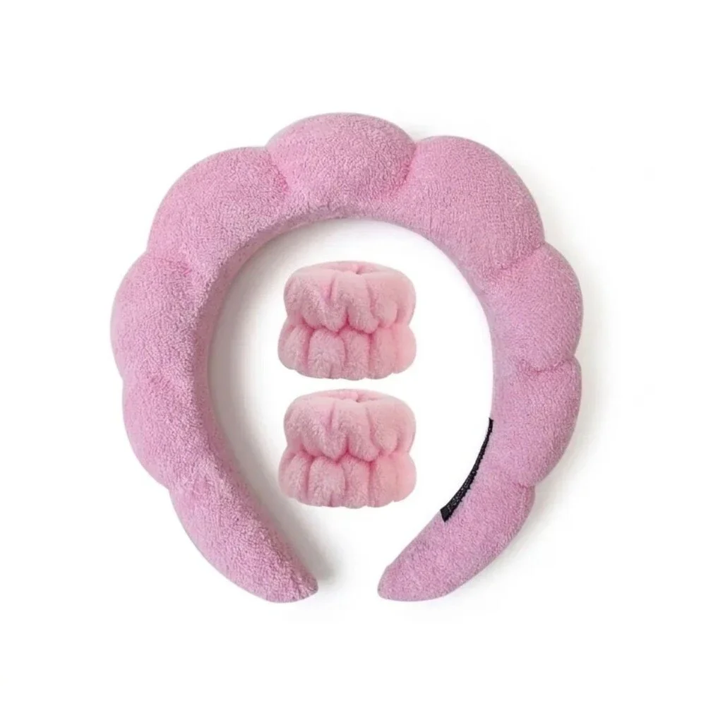 Pink Puffy Spa Headband & Wrist Wash Band Set Terry Cloth Skincare Makeup NEW